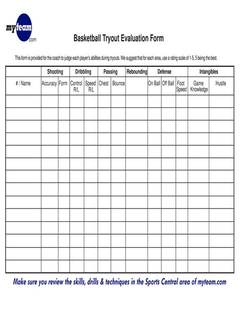 Printable Basketball Tryout Evaluation Form Pdf